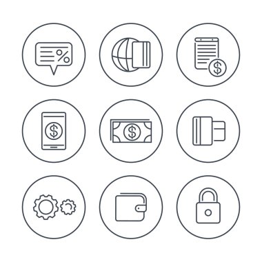 Payment methods line icons in circles, electronic payment, cash, credit card, wallet, mobile payment icon, vector illustration