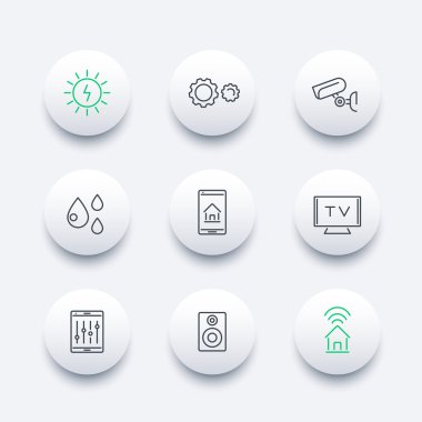 Akıllı ev hat simgeler, akıllı elektronik, internet modern Icons set yuvarlak şeylerden, illüstrasyon vektör