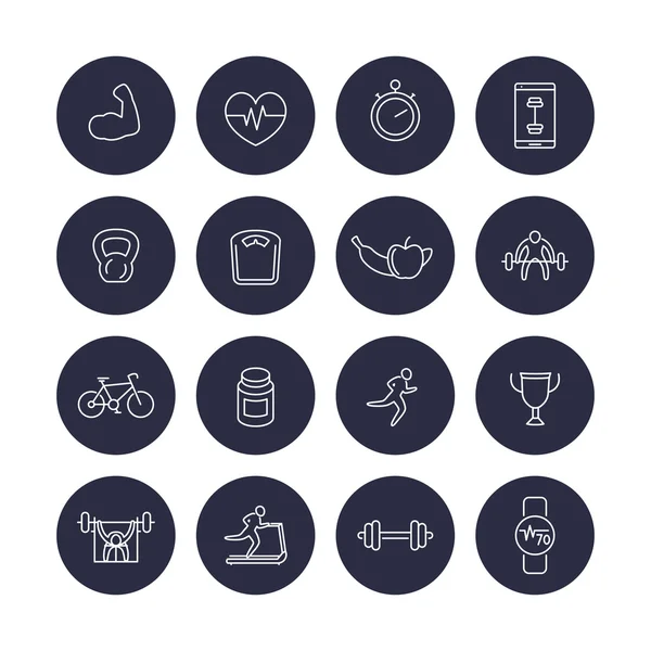 16 fitness, training, gym line round icons over white, vector illustration — Stock vektor