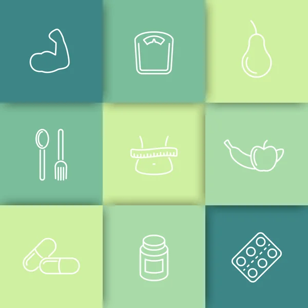 Diet, nutrition, fat loss line icons on squares, vector illustration — 스톡 벡터