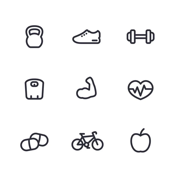 Fitness dicke Linie Symbole, gesunder Lebensstil, Training, Training, Bizeps Symbol isoliert über weiß, Vektorillustration — Stockvektor