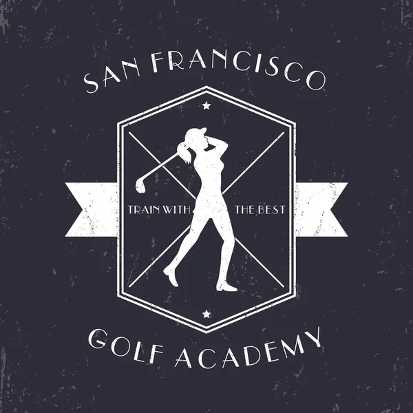 Golf Academy vintage emblem with golf player swinging golf club, white on dark, vector illustration — Διανυσματικό Αρχείο