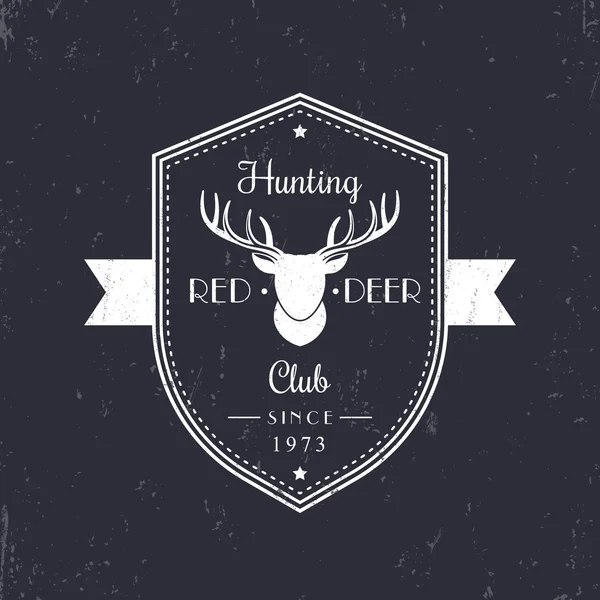 Винтажная эмблема Охотничьего клуба, логотип с головой красного оленя, шаблон логотипа щитов, векторная иллюстрация — стоковый вектор