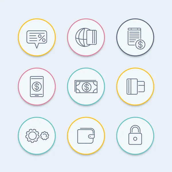 Payment methods line icons, electronic payment, credit card, wallet, mobile payment, cash round icons, vector illustration — 스톡 벡터