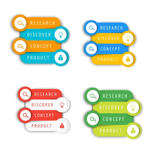 Desenvolvimento de produtos, elementos infográficos, linhas de tempo variadas, rótulos de passos, ilustração vetorial —  Vetores de Stock