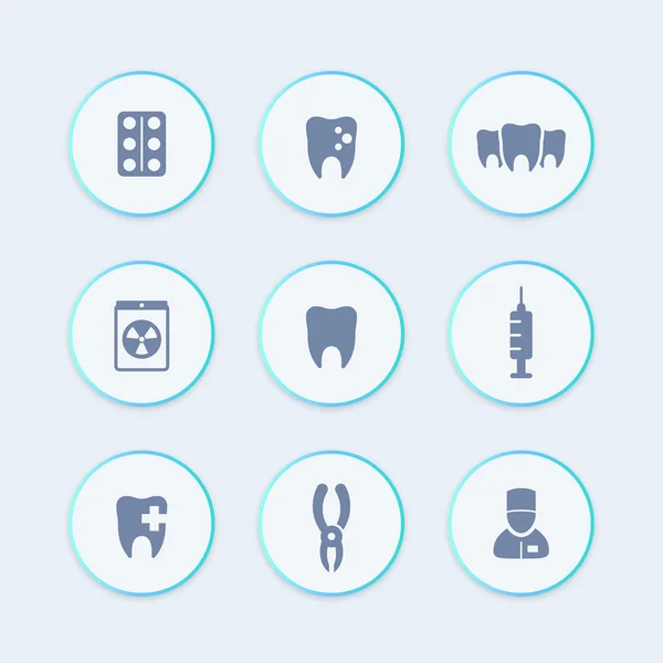 Dentes, cuidados dentários, cavidade dentária, cuidados com os dentes, estomatologia rodada ícones elegantes, ilustração vetorial — Vetor de Stock