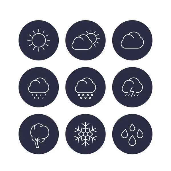 Wetterlinie Symbole, sonnig, bewölkt Tag, Regen, Schneeflocke, Hagel, Schnee runde Symbole, Vektorillustration — Stockvektor