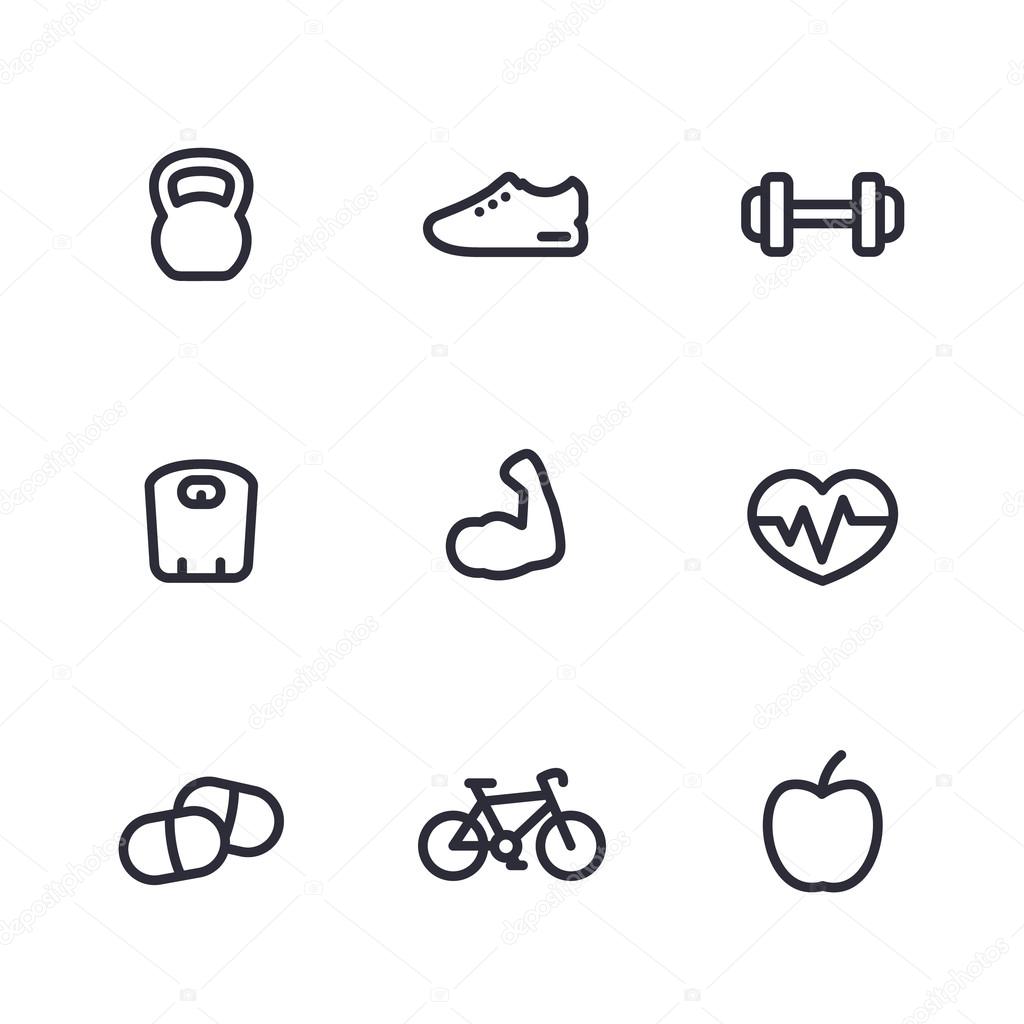 Fitness thick line icons, healthy lifestyle, training, workout, biceps icon isolated over white, vector illustration