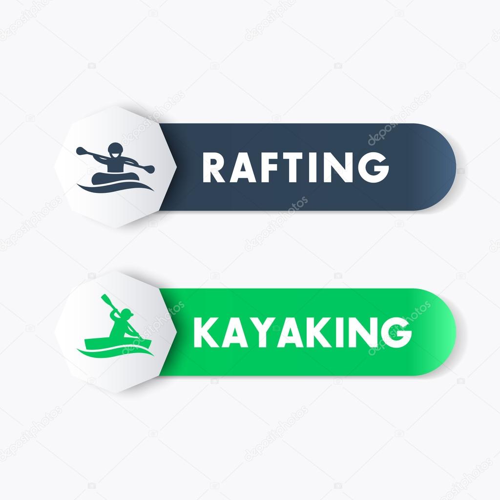 Kayaking, rafting icons, banners, labels in blue and green over white, vector illustration