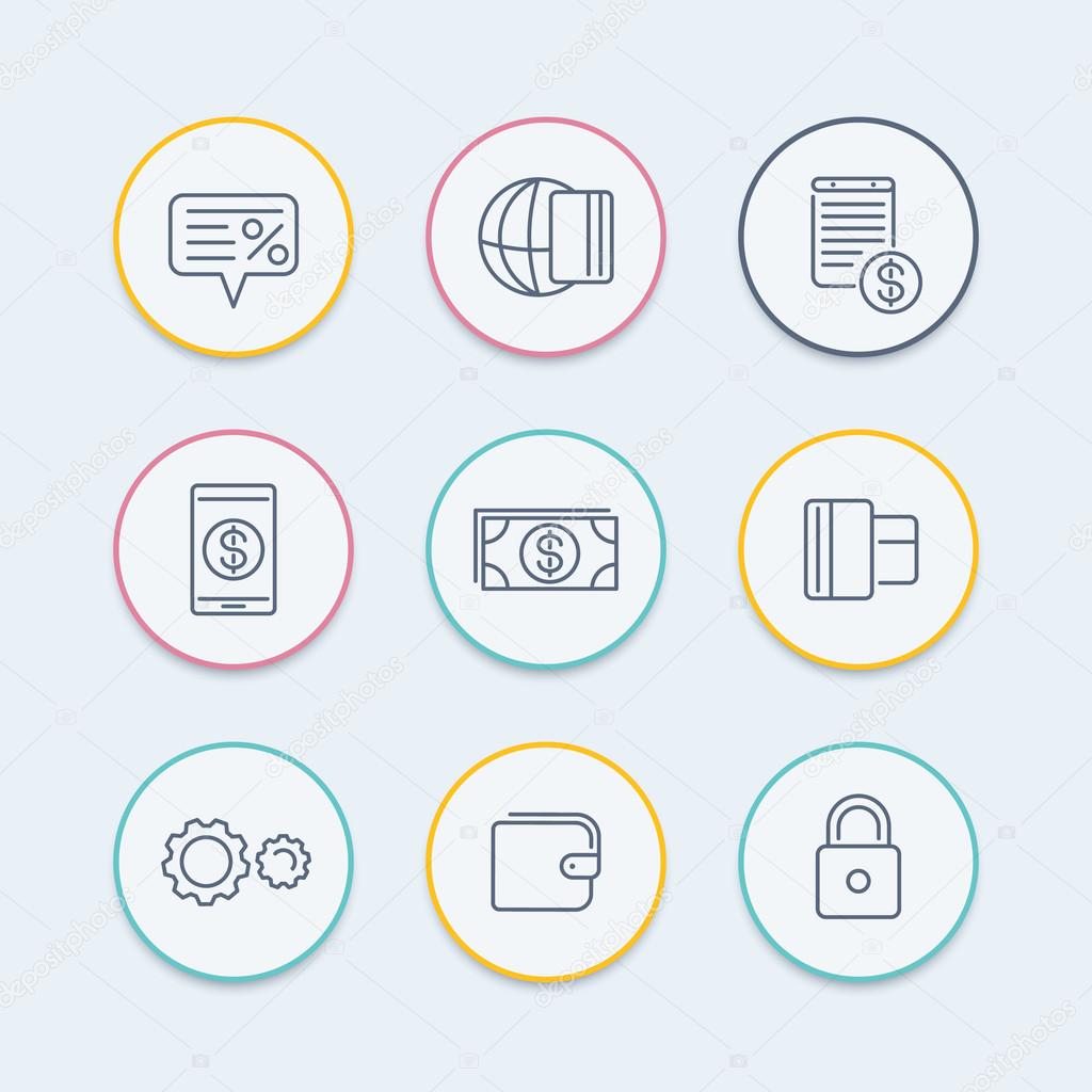 Payment methods line icons, electronic payment, credit card, wallet, mobile payment, cash round icons, vector illustration