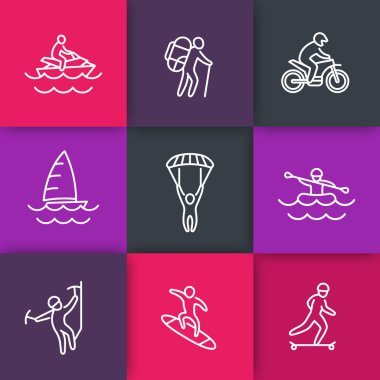 extreme outdoor activities, active lifestyle line icons, vector illustration