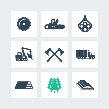 Logging, forestry equipment icons, sawmill, logging truck, tree harvester, timber, wood, lumber, chainsaw icons on squares, vector illustration