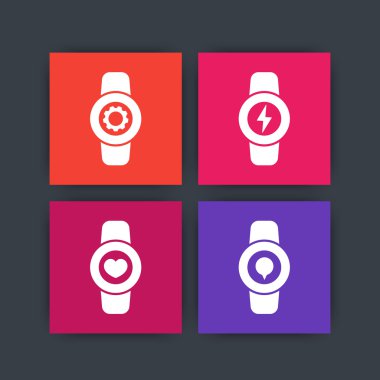 Akıllı izleme simgeleri, smartwatch ayarları, akıllı saat şarj işaret, fitness app, giyilebilir elektronik kare simgeler, vektör çizim