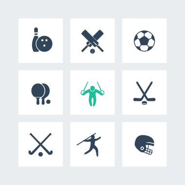 Spor, Oyunlar, rekabet simgeler, Masa Tenisi, futbol, kriket, futbol, hokey kutsal kişilerin resmi, vektör çizim