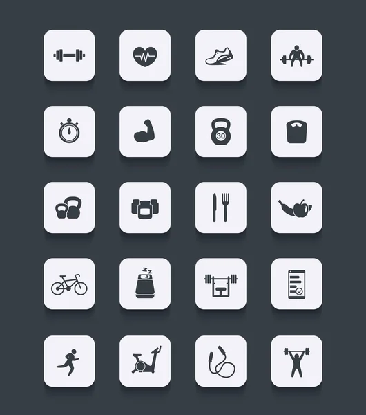 20 fitness icons, active lifestyle, gym, sport, workout, training icons, rounded square pack, vector illustration — Stockový vektor