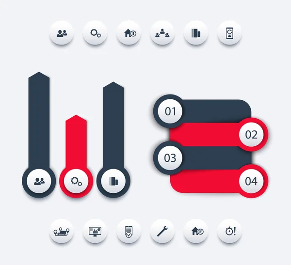 Análisis de negocio elementos infográficos, diseño de informes de negocio, línea de tiempo, etiquetas paso, 1 2 3 4, flechas de crecimiento, iconos redondos, ilustración vectorial — Vector de stock