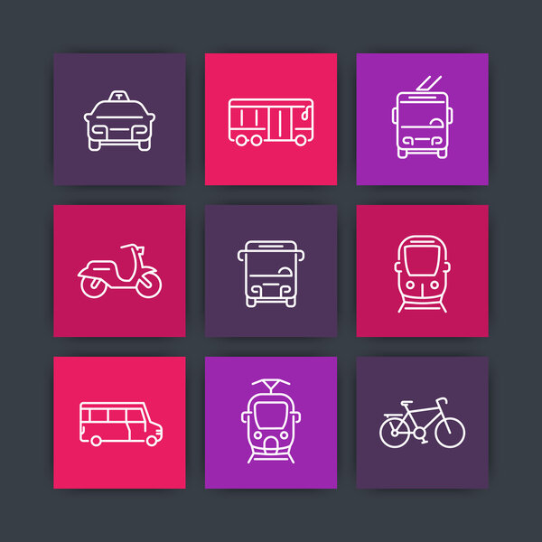 City transport line icons, tram, train, bus, bike, taxi, trolleybus square icons, vector illustration