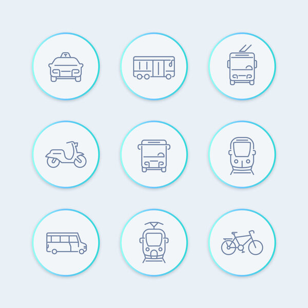 City transport line icons, tram, train, bus, bike, taxi, trolleybus stylish round icons, vector illustration