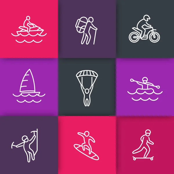 Extreme outdoor activities, active lifestyle line icons, vector illustration — Stock vektor