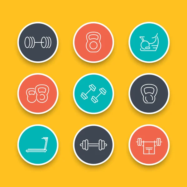 Gym equipment line icons, training, fitness, exercise round icons set, vector illustration — ストックベクタ