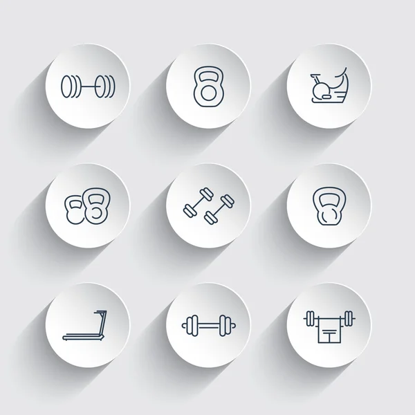 Icone della linea di attrezzi da palestra, allenamento, fitness, icone dell'esercizio su forme rotonde 3d, illustrazione vettoriale — Vettoriale Stock