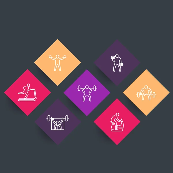 Gym, fitness exercises, training, line icons, rhombic set, vector illustration — Stockvector