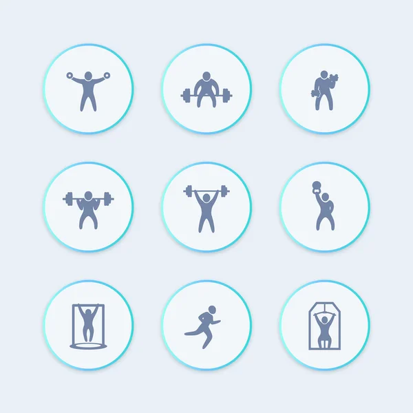 Gimnasio, ejercicios de fitness iconos, entrenamiento de gimnasio, entrenamiento, fitness icono de estilo redondo, ilustración vectorial — Archivo Imágenes Vectoriales