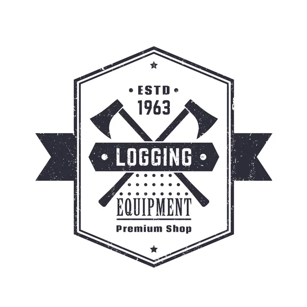 Equipo de registro, logotipo vintage de la tienda de madera, emblema, signo con hachas de leñadores sobre blanco, ilustración vectorial — Archivo Imágenes Vectoriales