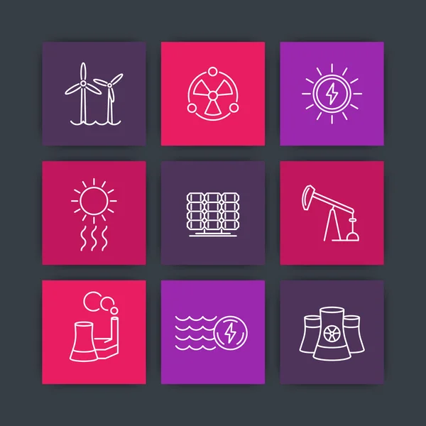 Power, energetics, energy production, nuclear energetics line square icons, vector illustration — 图库矢量图片