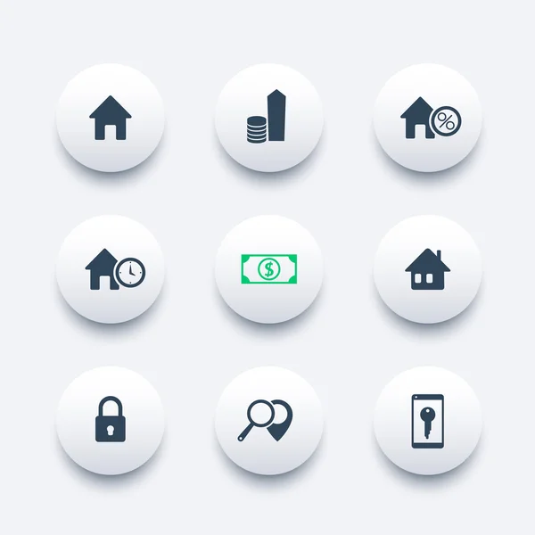 Real estate icons set, house sale, search, apartments, homes for rent round modern icons, vector illustration — 스톡 벡터