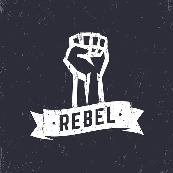Rebelde, diseño de camiseta grunge, impresión, puño en alto en protesta, blanco sobre oscuro, ilustración vectorial — Archivo Imágenes Vectoriales