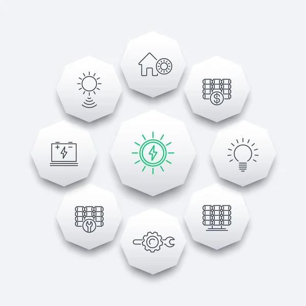 Icone della linea di energia solare, pannelli solari, impianti, energia solare, set di icone ottagonali, illustrazione vettoriale — Vettoriale Stock