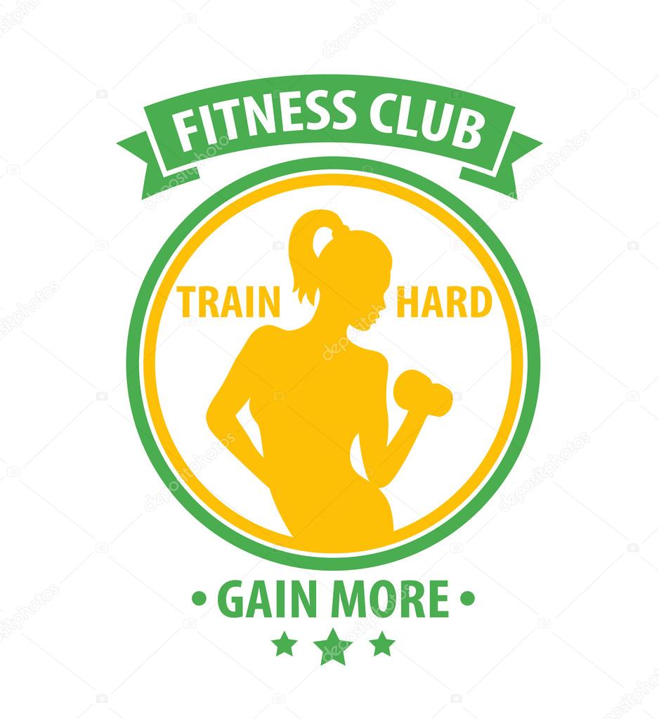 Fitness Club bright color logo, print with athletic girl over white, vector illustration