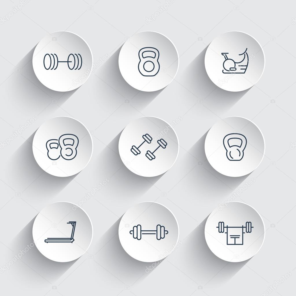 Gym equipment line icons, training, fitness, exercise icons on round 3d shapes, vector illustration