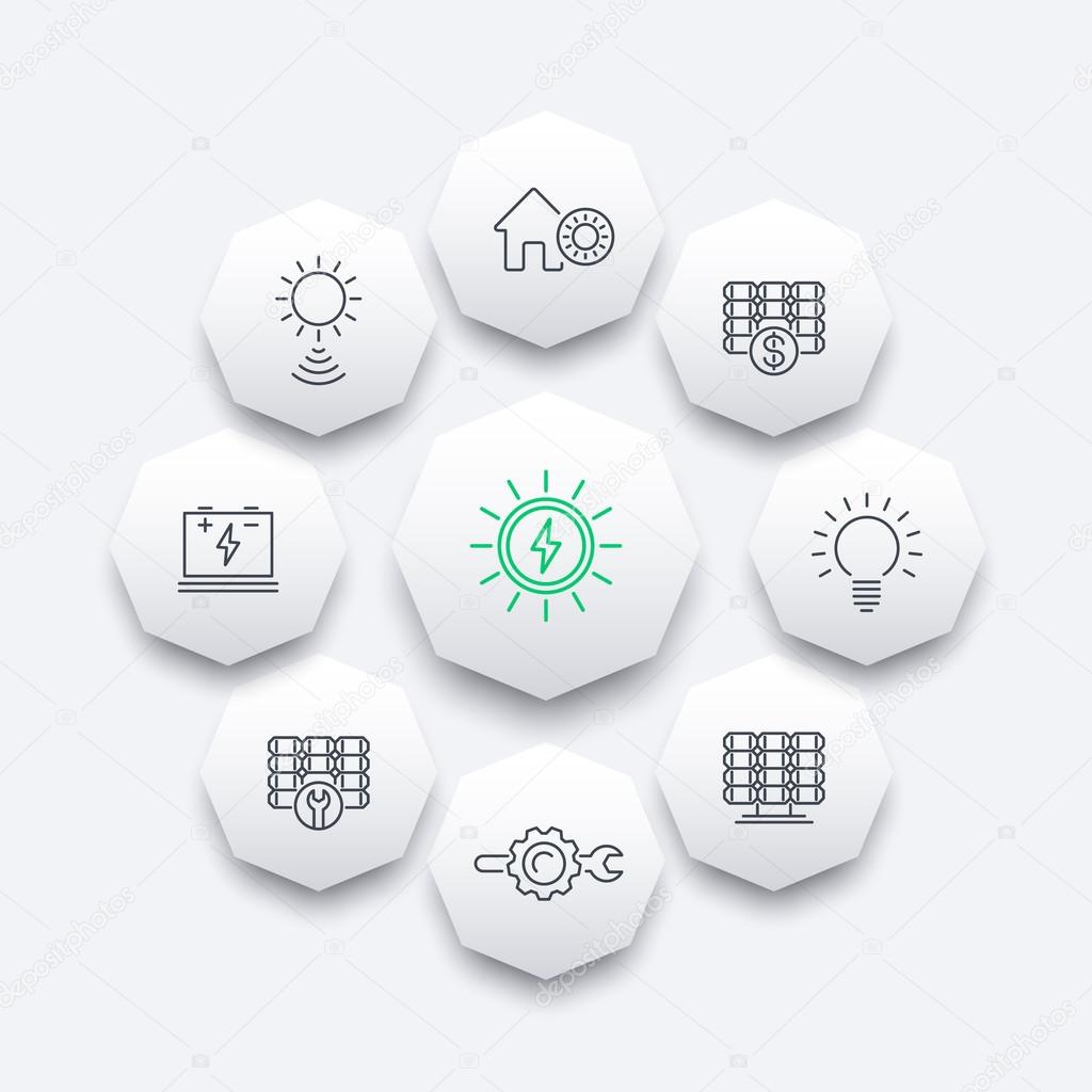 Solar energy line icons, solar panels, plant, solar energetics, octagon icons set, vector illustration