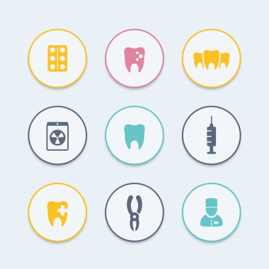 Dişler yuvarlak renkli simgeler, diş bakımı, diş boşluğu, toothcare, stomatology simgeler, vektör çizim