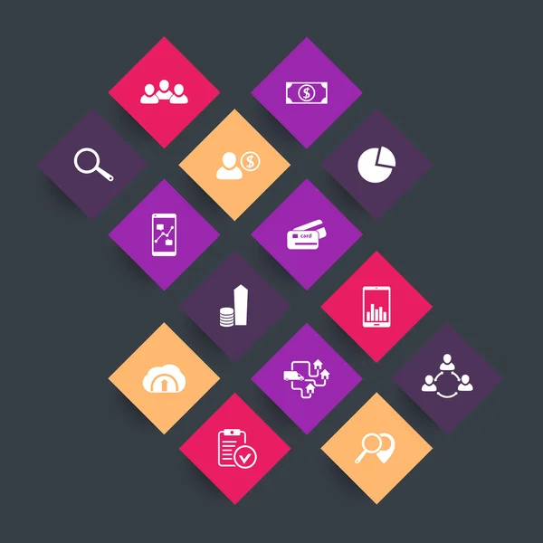 14 entreprises, commerce, finances icônes de couleur sur les formes carrées, illustration vectorielle — Image vectorielle