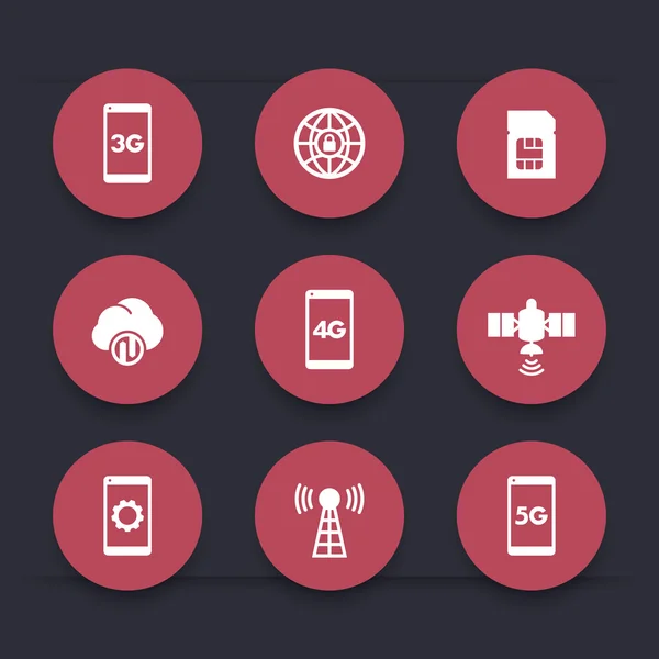 Draadloze technologie ronde rode pictogrammen, mobiele communicatie, verbinding tekenen, 4g, 5g mobiel internet pictogram, vectorillustratie — Stockvector