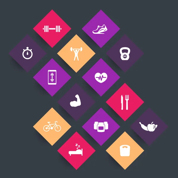 14 fitness, gym rhombic icons, fitness app, training icon, vector illustration — Stock Vector