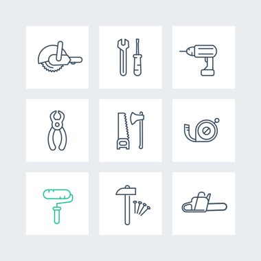 construction tools line icons, wrench, drill, saw, square icons set, vector illustration