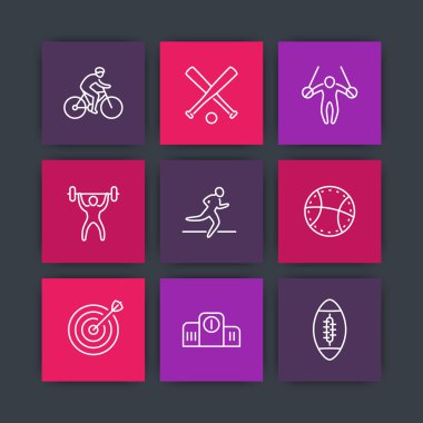 different kind of sports line icons on squares, vector illustration