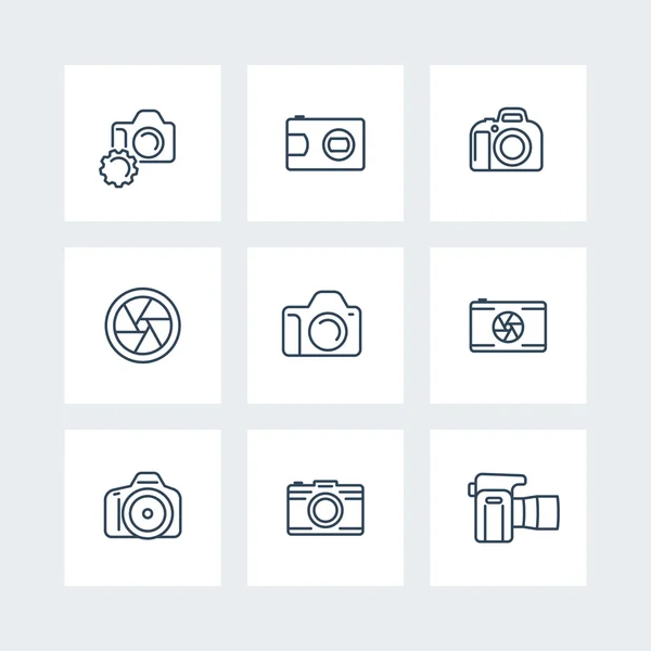 Camera, photography line icons, dslr, aperture icons on squares, vector illustration — Stockový vektor