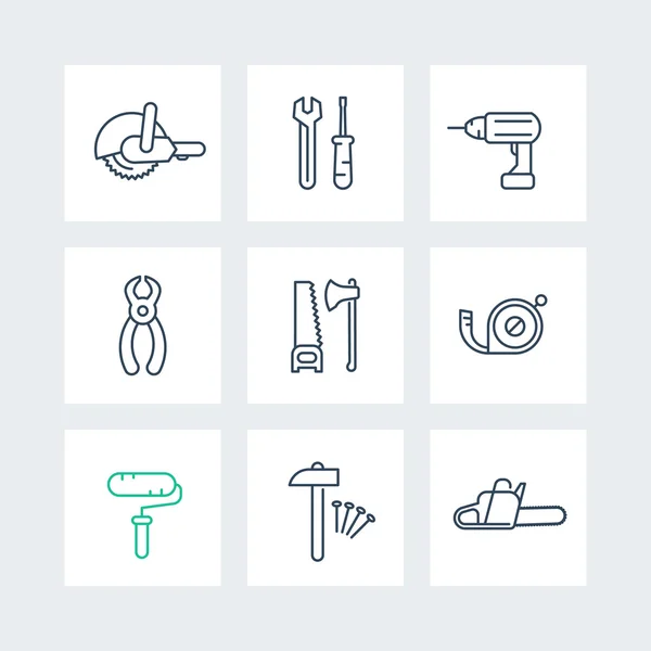 Herramientas de construcción línea de iconos, llave inglesa, taladro, sierra, conjunto de iconos cuadrados, ilustración de vectores — Vector de stock