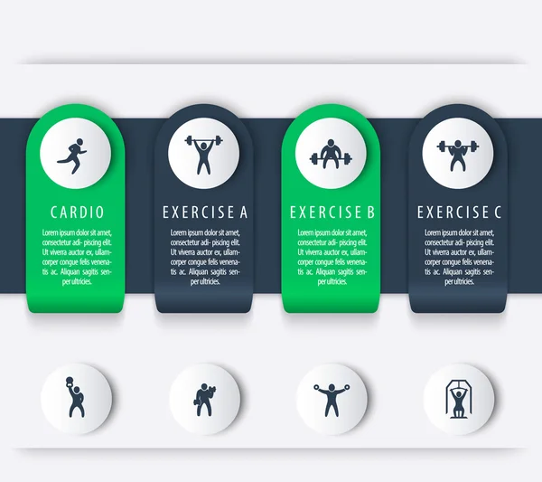 Entrenamiento en el gimnasio, entrenamiento, 4 pasos, elementos de infografía, con iconos de ejercicio físico, ilustración vectorial — Archivo Imágenes Vectoriales