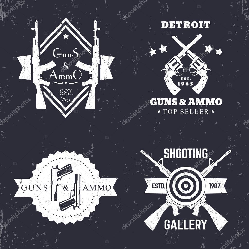 Guns and ammo, vintage logo, badge with automatic rifles, crossed revolvers, two pistols, shooting gallery logo, sign with assault