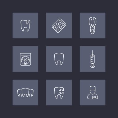 Diş, diş bakımı, stomatologist, toothcare, stomatology, kareler, vektör çizim satırı simgeleri