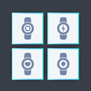 Akıllı izleme simgeleri, smartwatch ayarları, akıllı saat şarj, fitness app, giyilebilir elektronik kare simgeler, vektör çizim