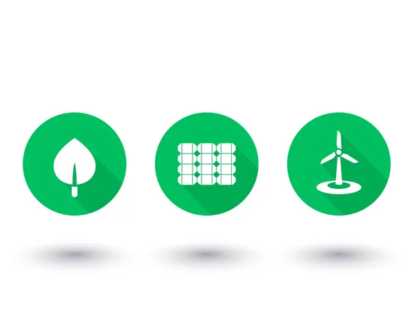 Solar, wind energetics, biofuel, alternative energy solutions, green icons on white, vector illustration — Stok Vektör