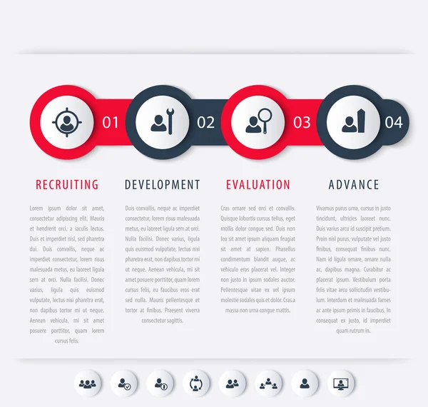 Personel, insan kaynakları, personel geliştirme adımları, zaman çizelgesi şablonu, infographics öğeleri, simgeler, vektör çizim