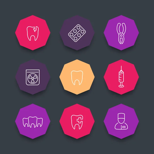 Tand lijn iconen, tandverzorging, tandheelkundige tangen, toothcare, tandarts, octagon pictogrammen Kleurset, vectorillustratie — Stockvector